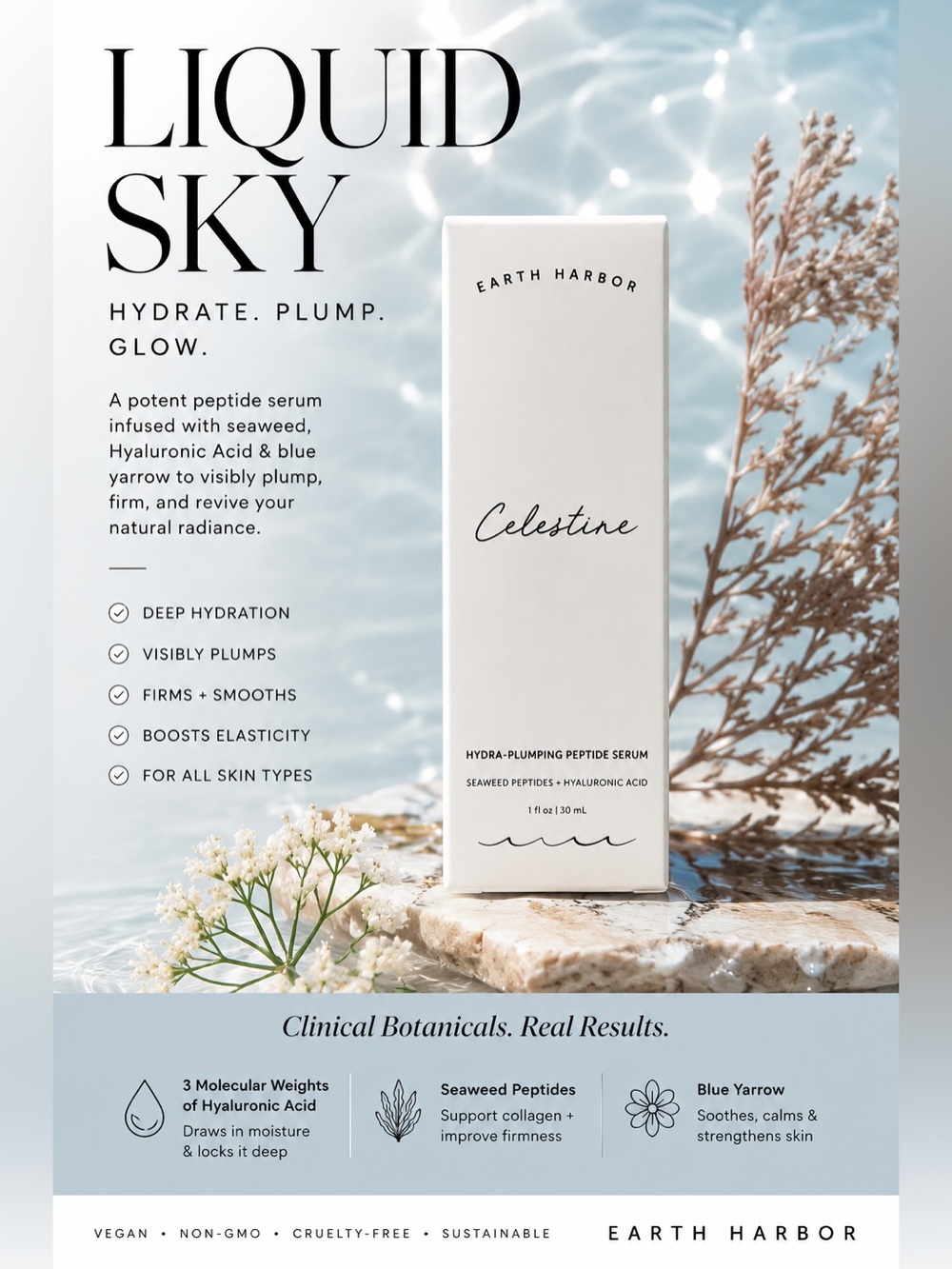 Earth Harbor's Celestine Hydra-Plumping Peptide Serum 1.0 oz NIB